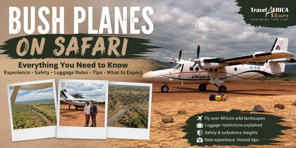 Anita and Pranav Patel standing beside a bush plane on a safari airstrip in Africa