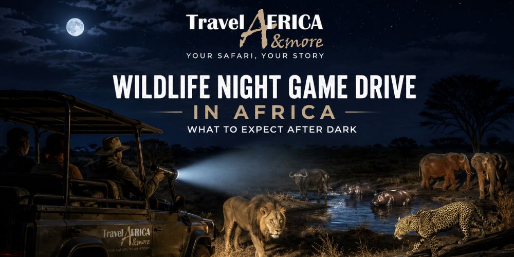 Safari vehicle on a wildlife night game drive in Africa, using a spotlight to observe lions in the African bush under a star-filled night sky.