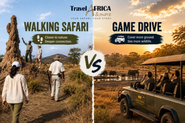 Walking safari vs game drive comparison showing guided bush walking and an open safari vehicle during an African safari experience.