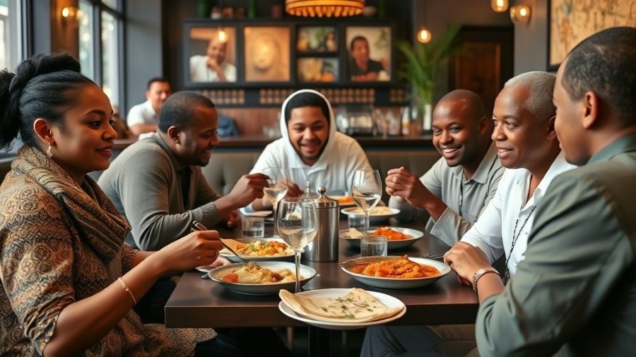 Diners tasting authentic African cuisine outside Africa in a city restaurant