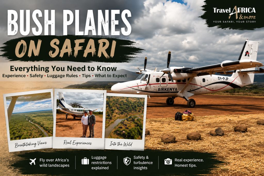 Anita and Pranav Patel standing beside a bush plane on a safari airstrip in Africa