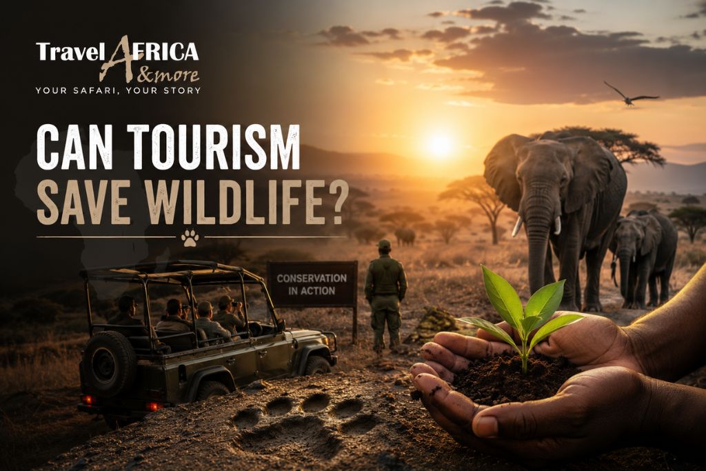 Safari tourists observe African wildlife in a protected savanna landscape at sunset, highlighting the role of responsible tourism in wildlife conservation. The image features elephants, a safari vehicle, conservation elements, and the Travel Africa & More logo with the title "Can Tourism Save Wildlife?"