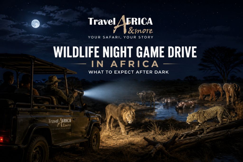Wildlife night game drive in Africa featuring a safari vehicle spotting lions after dark during an African night safari adventure.